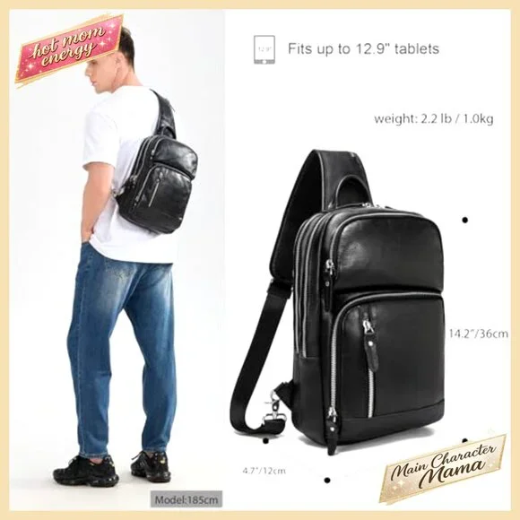 Full Grain Leather Sling Bag Fits 12.9 iPad Crossbody Daypack